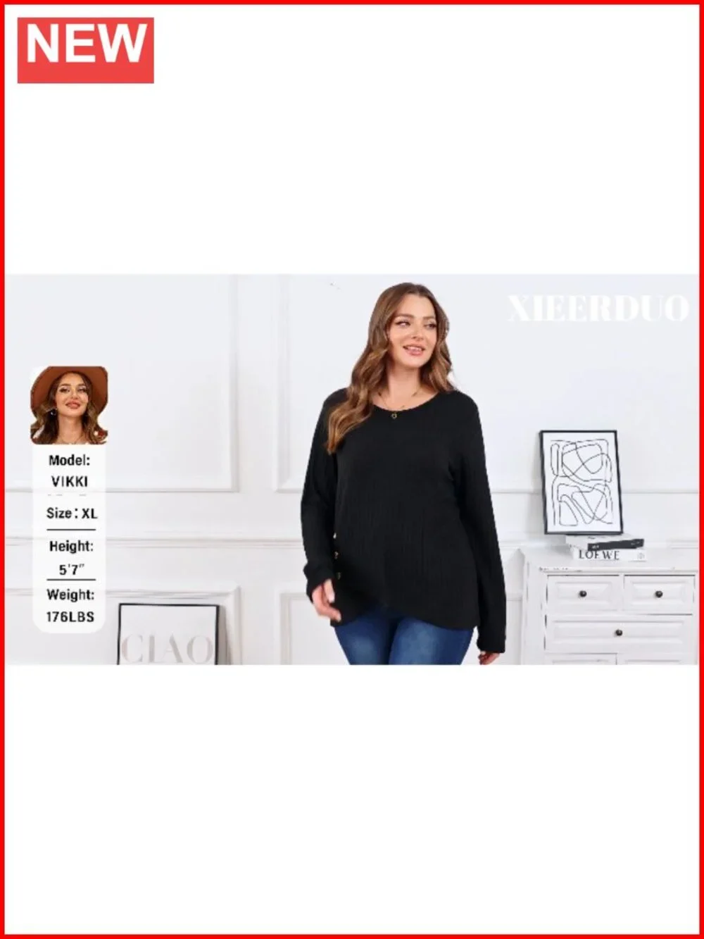 Tunic Sweater Women Long Sleeve Crew Neck Button Detail Top